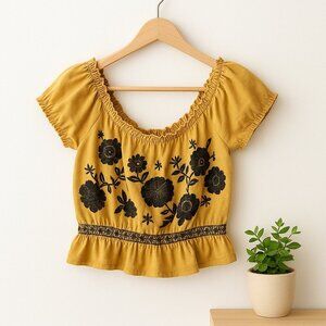 American Eagle Peasant Embroidered Top Mustard Cotton Size M Boho